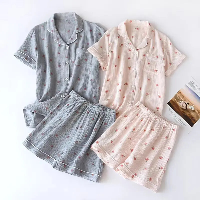 Ladies Short-sleeved Shorts 100% Cotton Crepe Cloth Thin Home Service Two-piece Set