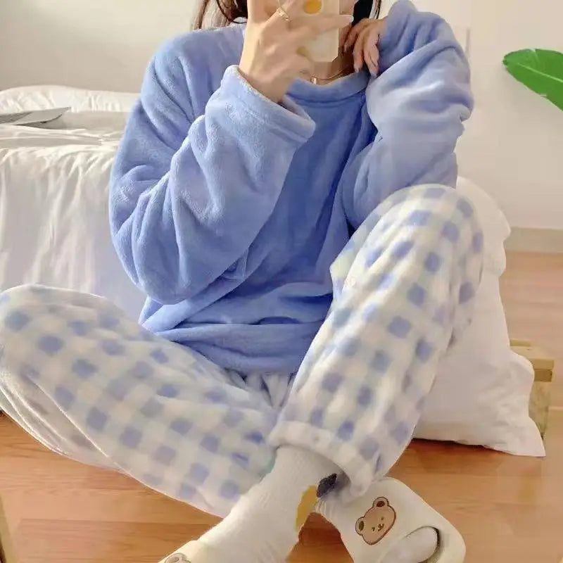 Kawaii Flannel Pullover Coral Velvet Pajamas