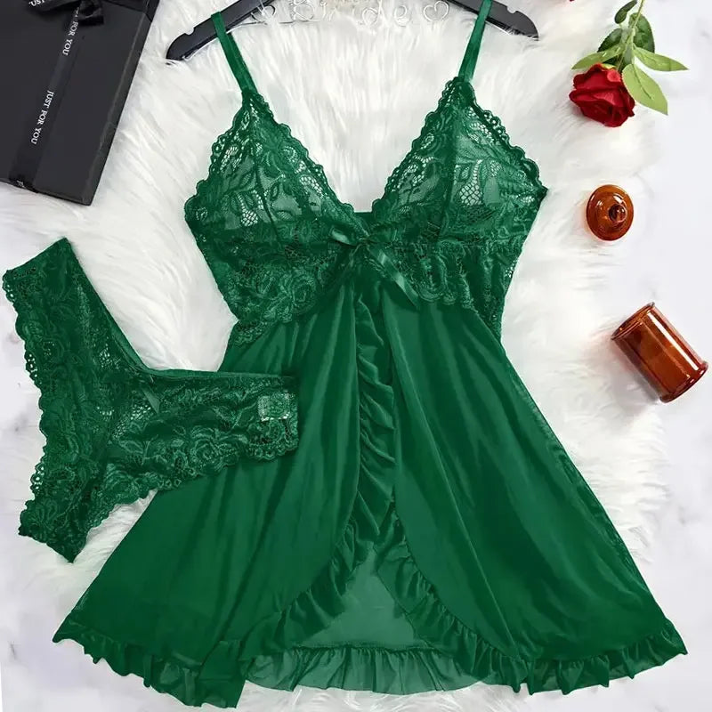 Ultra-thin Nightgown Lace Thong Sets Women's Sexy Pyjamas Lingerie