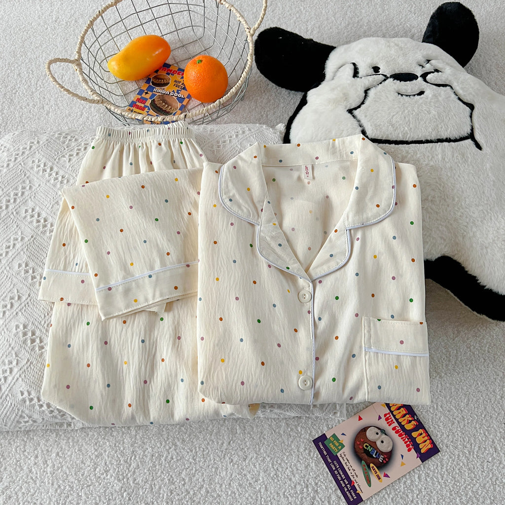 Polka Dot Print Women Pajamas Long 2 Piece Set