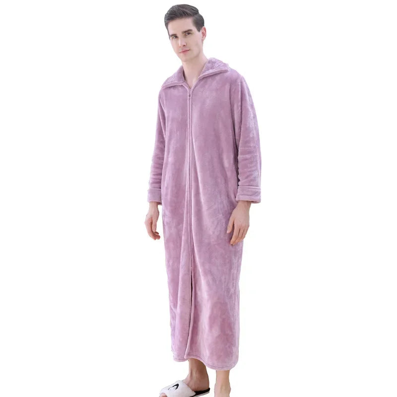 Ultra Long Thick Warm Bathrobe Thermal Flannel with Zipper
