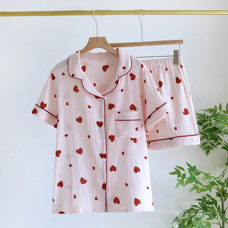 Japanese Short-sleeved Shorts Two-piece Ladies Cotton Crepe Cute Fresh Loose Set