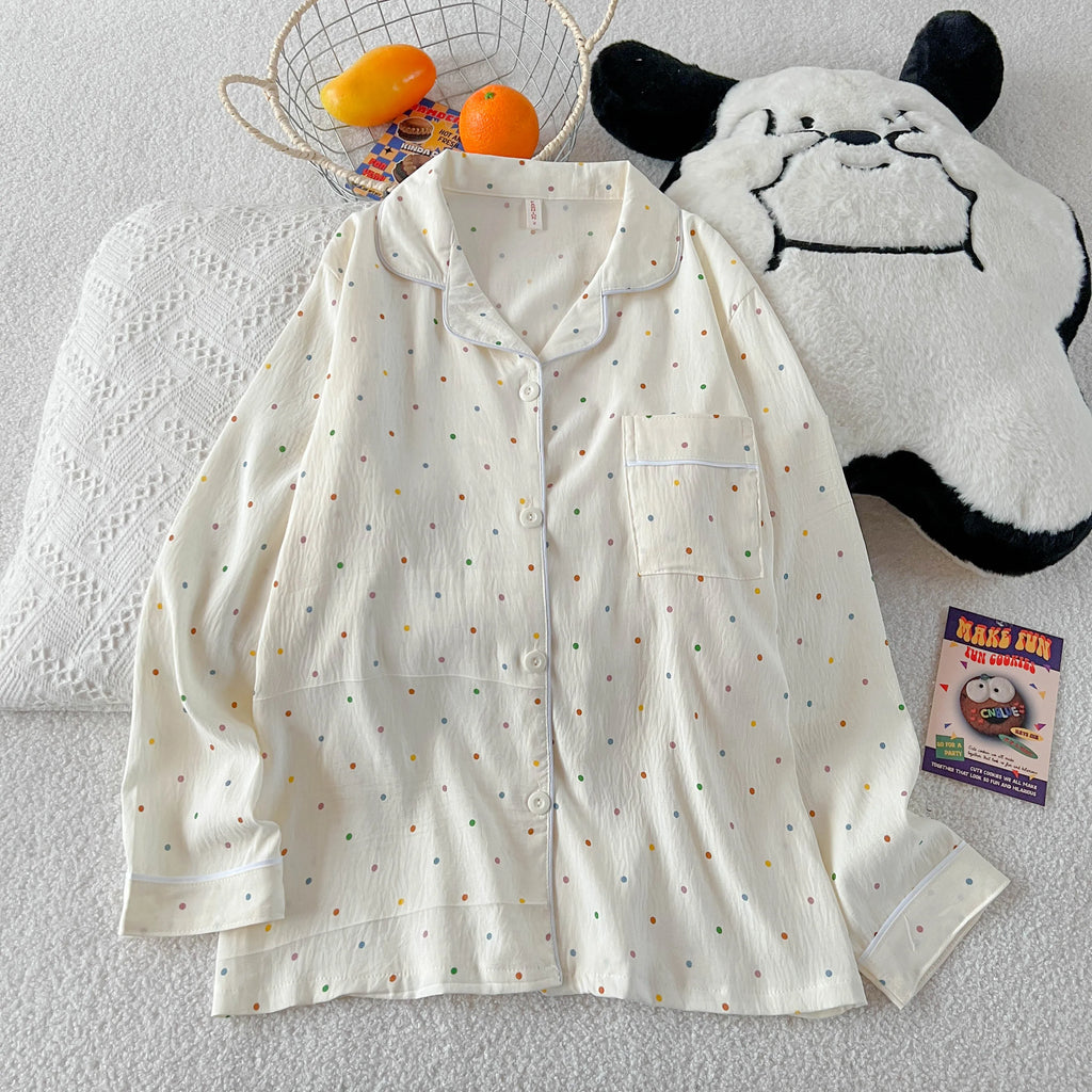 Polka Dot Print Women Pajamas Long 2 Piece Set