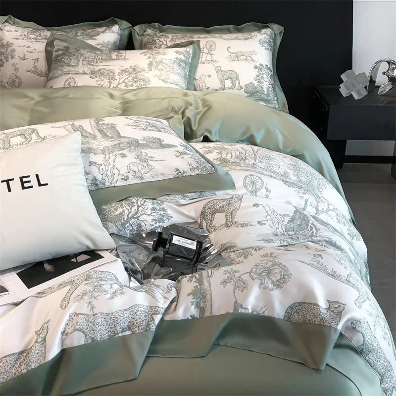 Soft Silky Skin-friendly Natural Eucalyptus Fiber Lyocell Bedding Set Forest Plants Leopard Duvet Cover Set Bed Sheet Pillowcases