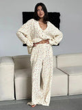 Floral 100% Cotton Printed Loose Cardigan Long Sleeved Pants Pajamas Two-piece Set