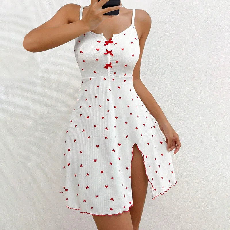 Heart-Printed Rib Front Deep V-Neck Spaghetti Strap Sleep Dress