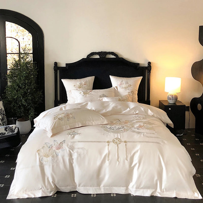 Flowers Bird Embroidery Luxury Bedding Set 1000TC Egyptian Cotton Duvet Cover Bed Sheet Pillowcases 4/5Pcs