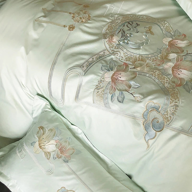 Flowers Bird Embroidery Luxury Bedding Set 1000TC Egyptian Cotton Duvet Cover Bed Sheet Pillowcases 4/5Pcs