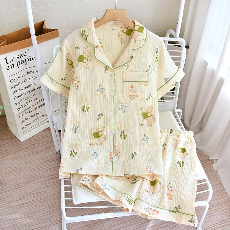 Japanese Short-sleeved Shorts Two-piece Ladies Cotton Crepe Cute Fresh Loose Set