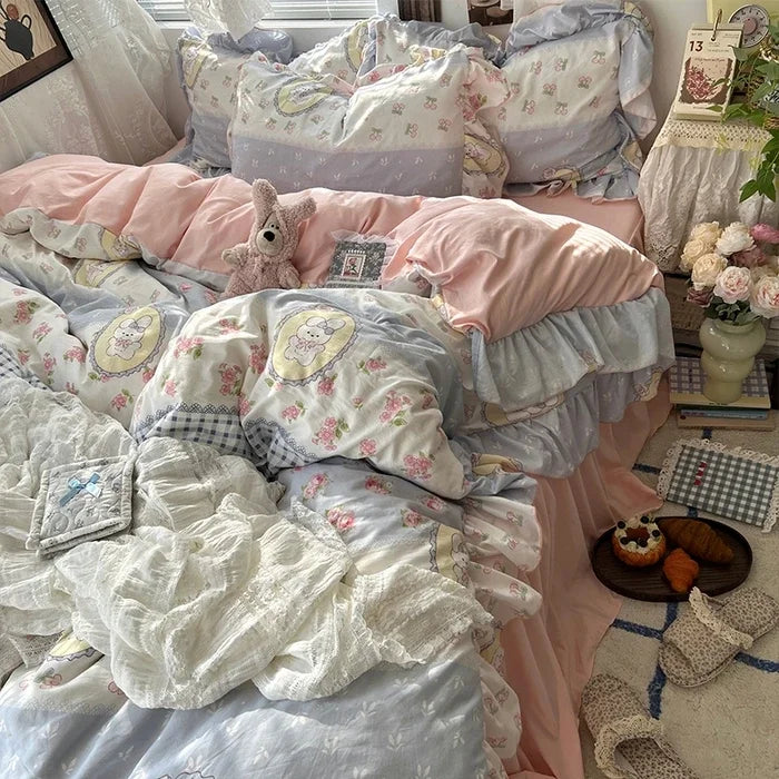 Princess Style Floral Ruffles Bedding Set Skin-friendly Soft Duvet Cover Set Bed Sheet Or Bed Skirt Pillowcases