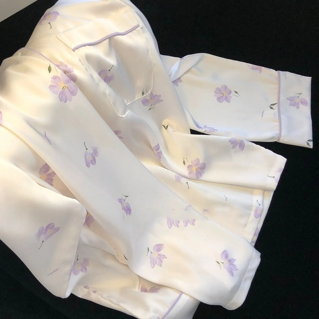 Silk Two Pieces Top & Pants Elegant Print Soft Sleepwear