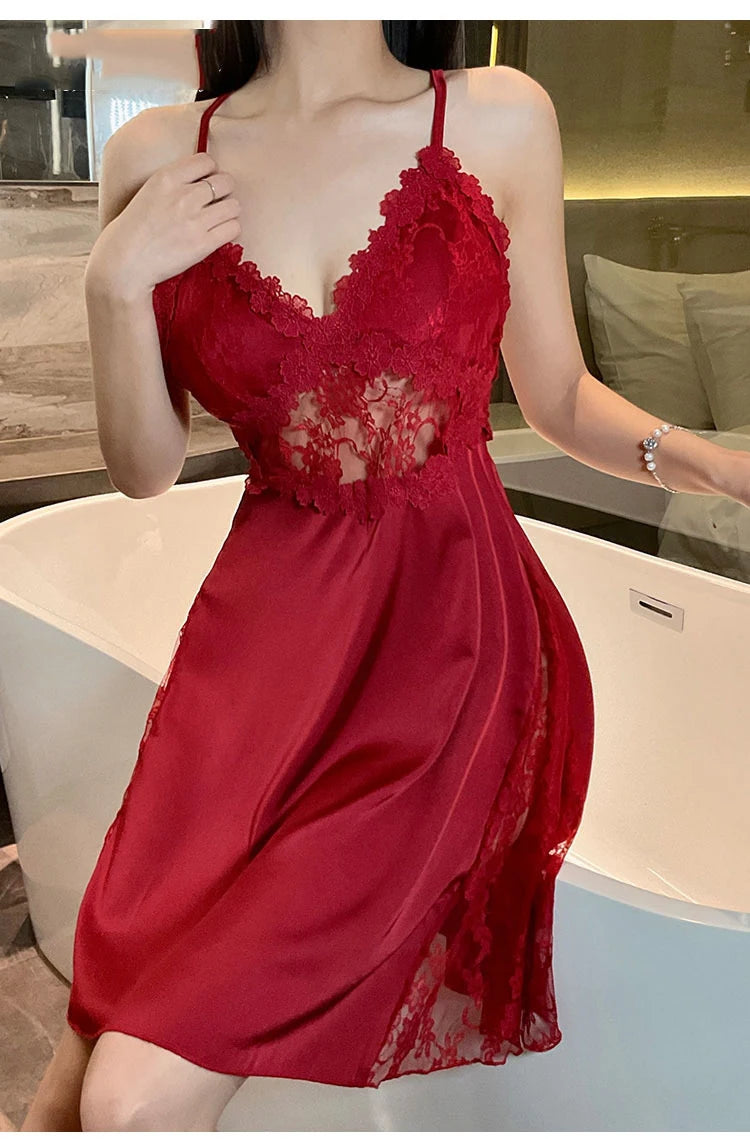 Sexy Camisole Nightgown Satin Deep V Backless Luxury Sleepwear