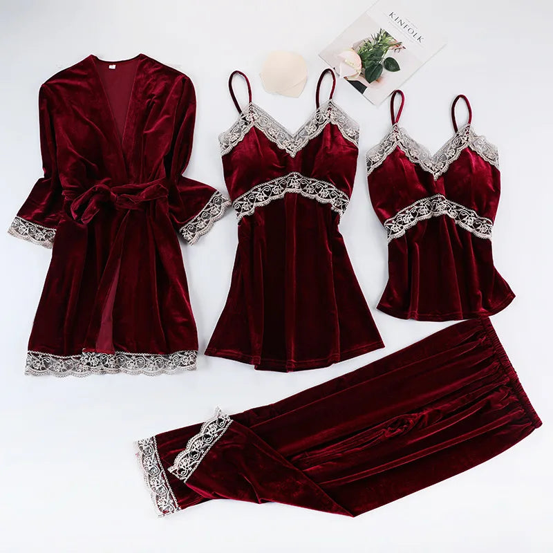 Lace Velvet 4 Pieces Women Warm Pajamas Sets With Pants Sexy Robe Sleepwear Sleeveless Nightwear