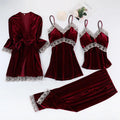Lace Velvet 4 Pieces Women Warm Pajamas Sets With Pants Sexy Robe Sleepwear Sleeveless Nightwear