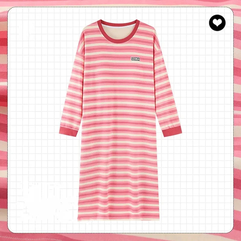 Long Sleeve Striped Loose Casual Crew Neck Nightdress