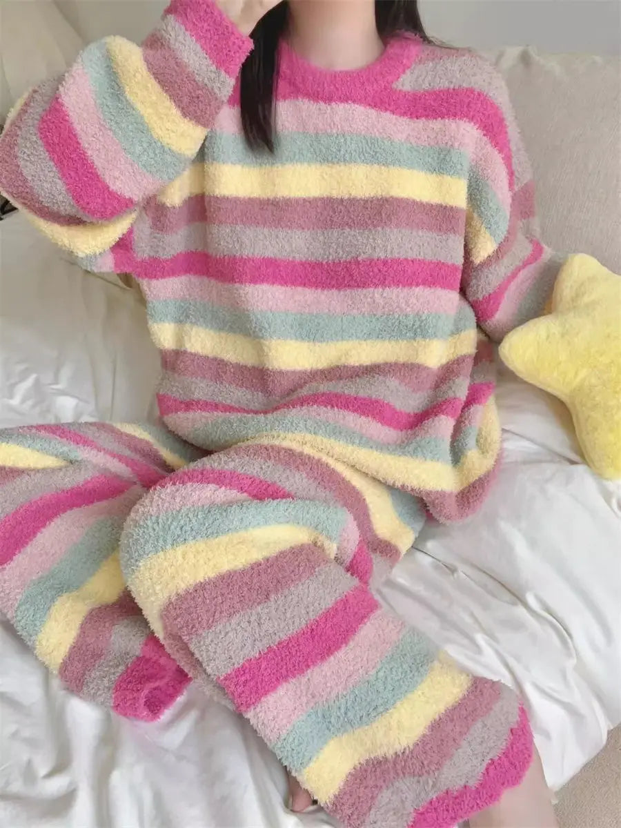 Cute Rainbow Pattern Simple Half-Fleece Warm Pajamas