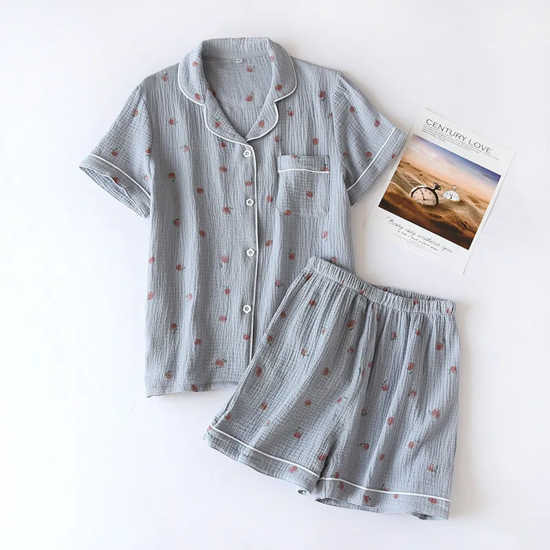 Japanese Short-sleeved Shorts Two-piece Ladies Cotton Crepe Cute Fresh Loose Set