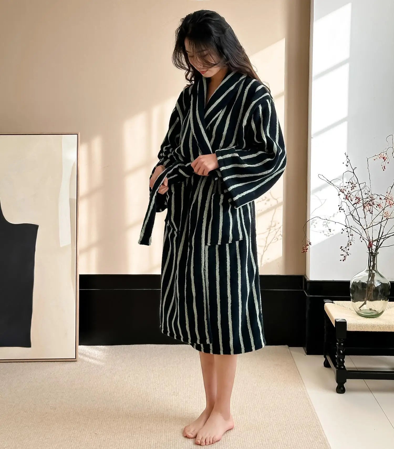 Retro Plaid 100% Cotton Super Soft Absortion Hooded V Neck Bathrobe Towel