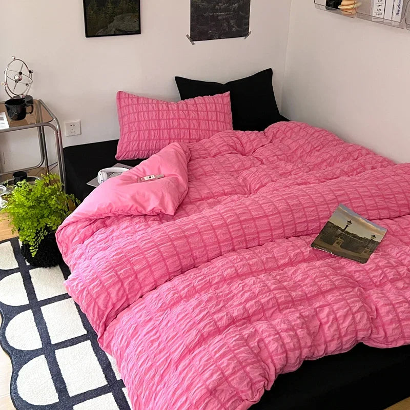 Puffy Check Bubble Fabric Set Duvet Pillowcase Bedding Sheet Quilt Cover Set