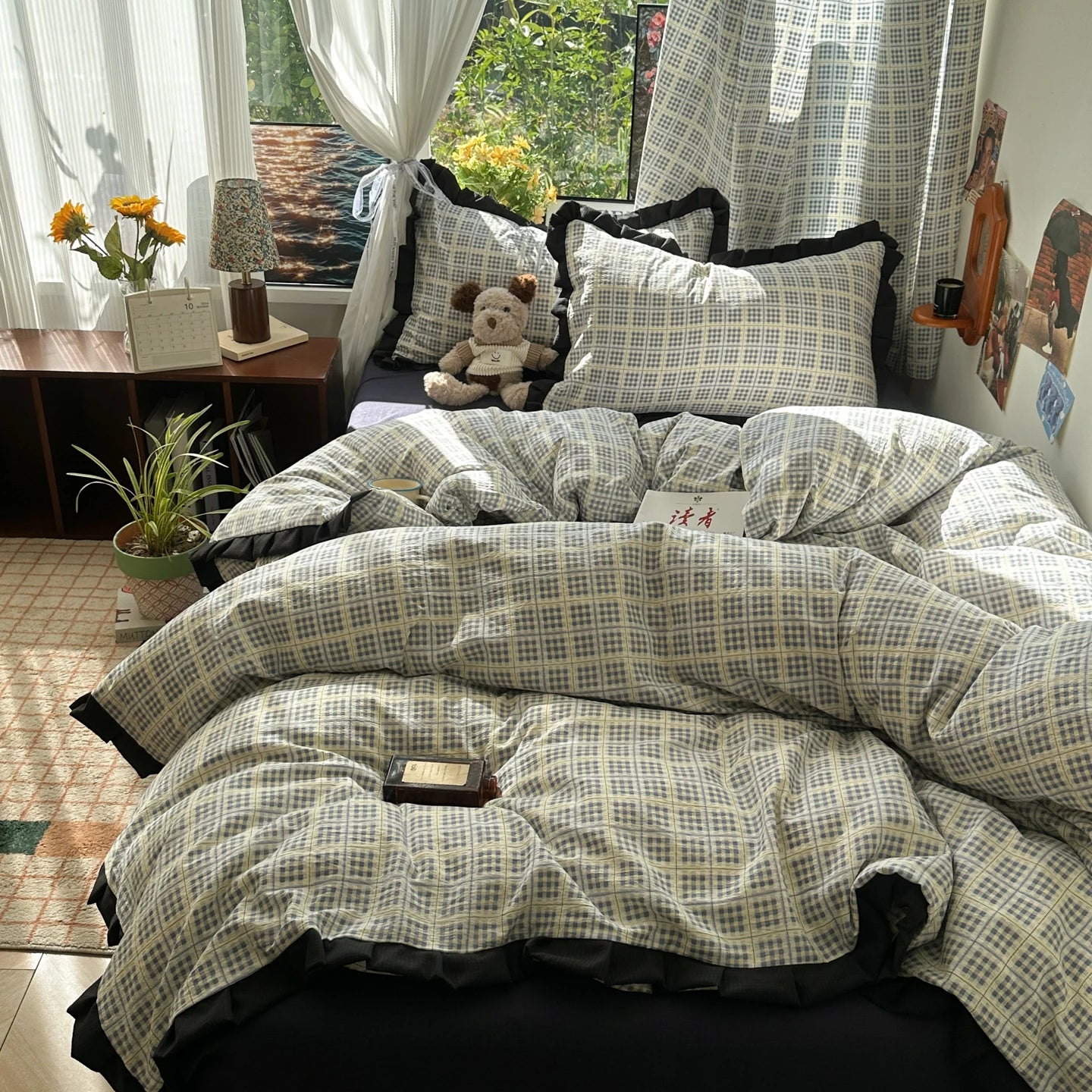 Plaid Bedding Set Double Yarn Classic Vintage Duvet Cover Set Flat Sheets Set 2 Pillowcases