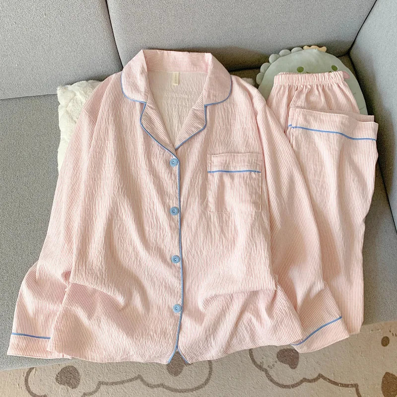 Cloud Soft Cotton ong-Sleeved Top with Long Trousers Sweet and Cute Pajama Set
