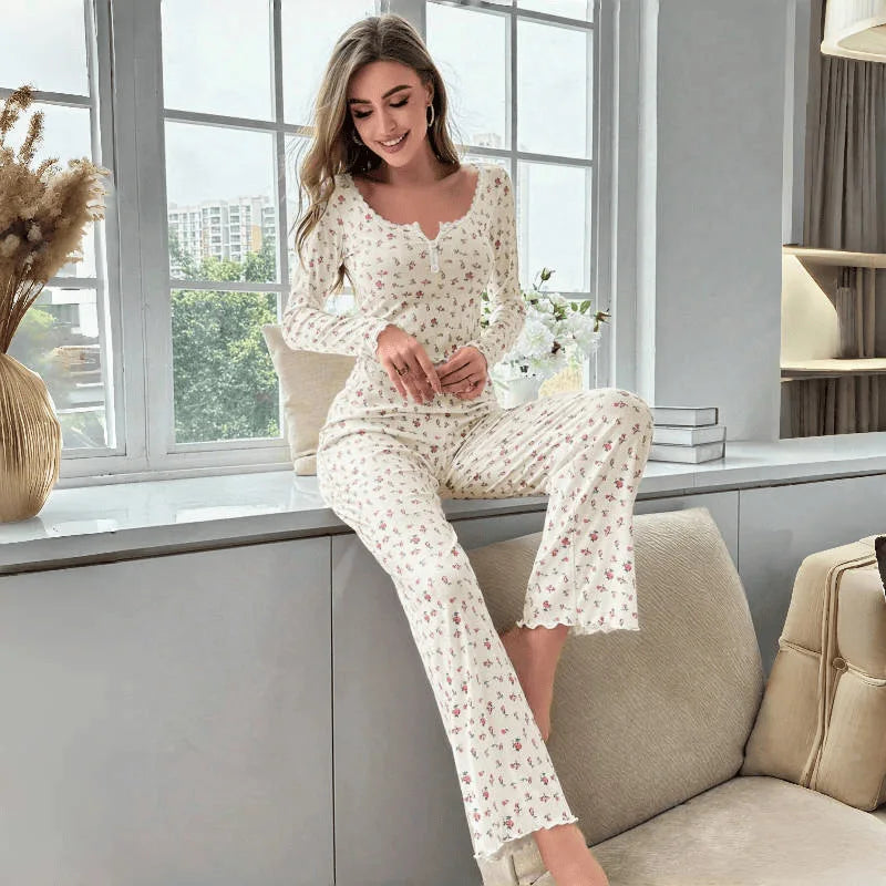 Floral Print Lettuce Trim Top with Long Pants