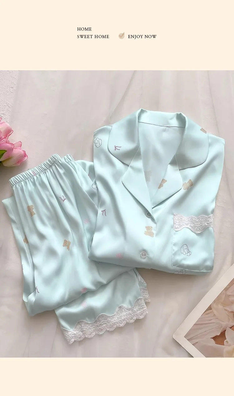 Bear Print Silk Short Sleeve Pants Loungewear Cardigan Lace Two-Piece Set