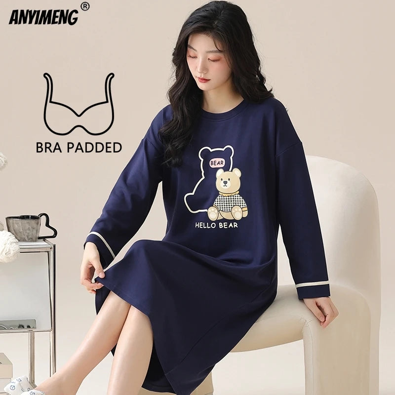 Women Long Nightgowns Pullover Loose Bra Padded Cotton Sleepshirt