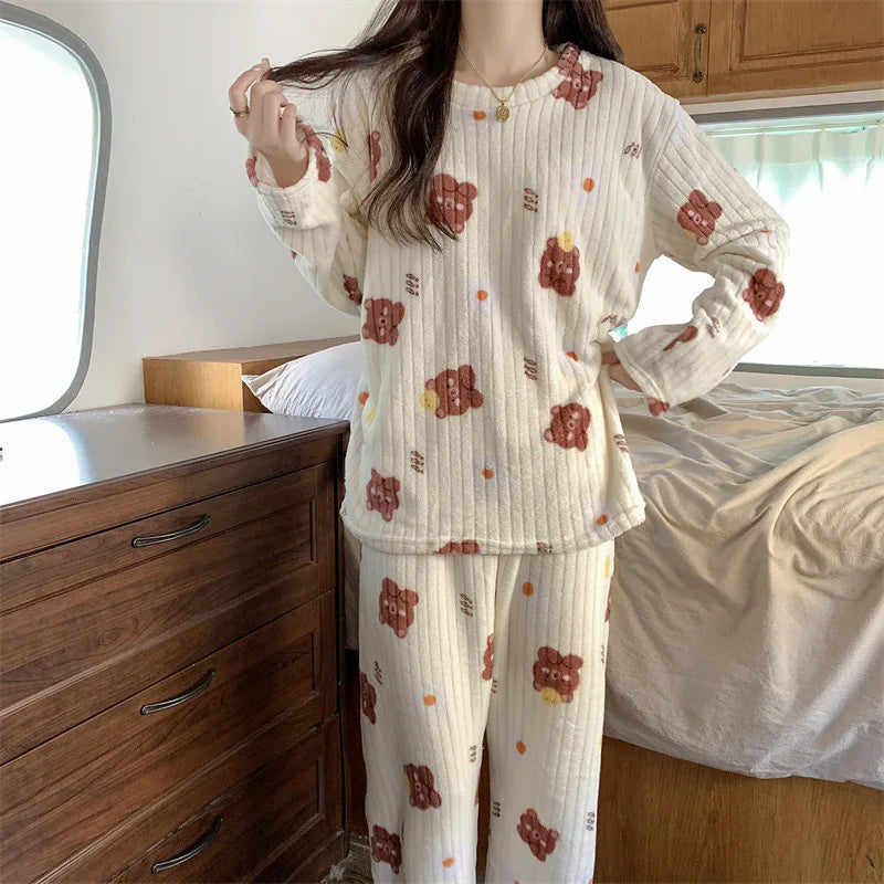 Fleece Print Warm Set Cozy Sleepwear Cute Cartoon Home Outfit Comfortable Loungewear Soft Pajamas