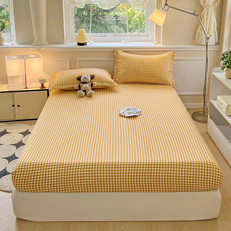 Plaid Style Fitted Sheet Skin-friendly Bed Cover Elastic Bedsheet Linen (No Pillowcase)
