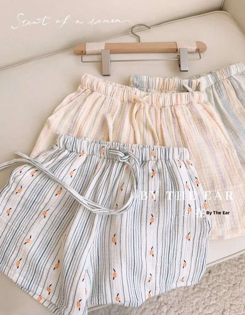 Thin Pure Cotton Bubble Cotton Gauze Sweet Loose High Waist Full Cotton Shorts