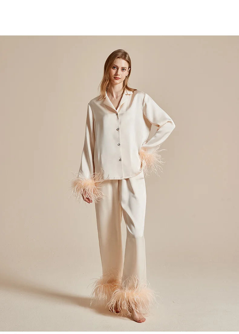 Luxury Feathers 2Pcs Silk Satin Long Sleeve Trouser Elegant Home Wear