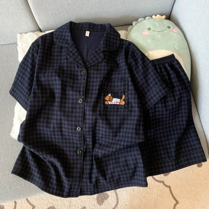 Embroidery Lapel Neck Elastic Waist Short Design Pajamas Set