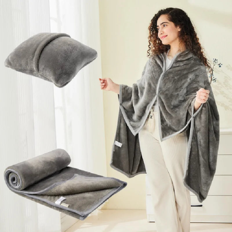 Shawl Blanket Pillow 2-in-1 with Sleeves  Wearable Adult Snuggie Coat Poncho