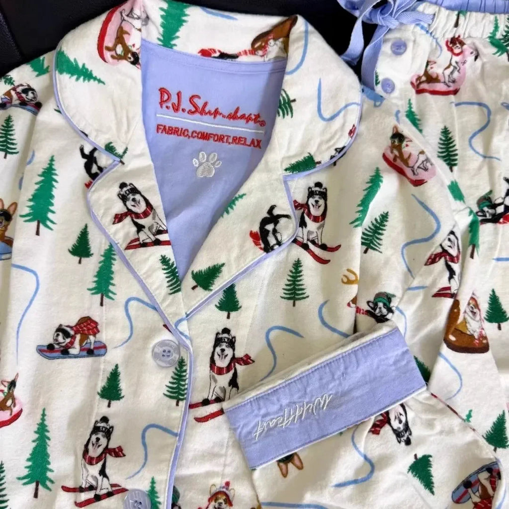 Women's Pajamas Set Cute Cartoon Print Sleepwear Top&pants Two-piece Soft Cotton Femme Nightwear