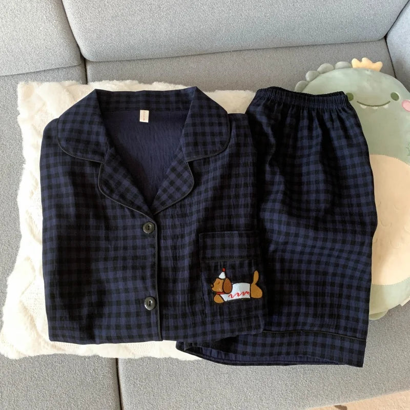 Embroidery Lapel Neck Elastic Waist Short Design Pajamas Set