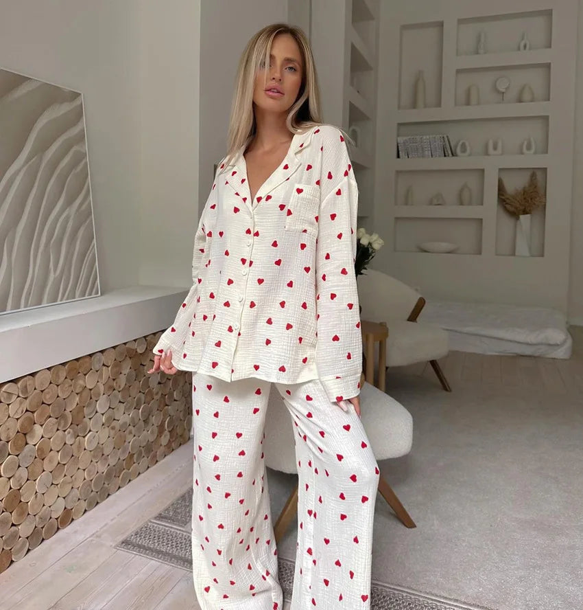 Women's Heart Print Long-Sleeve Lapel Chest Pocket Top And Pants Soft Cotton Fabric Loose Sleepwear
