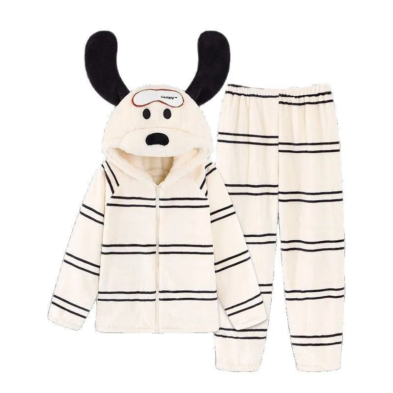 Cute Girl Cartoon Puppy Hooded Coral Fleece Loungewear Set