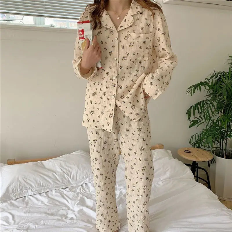 Long-Sleeved Rustic Style Floral Imitation Cotton Wrinkled Cloth Loose Pajamas