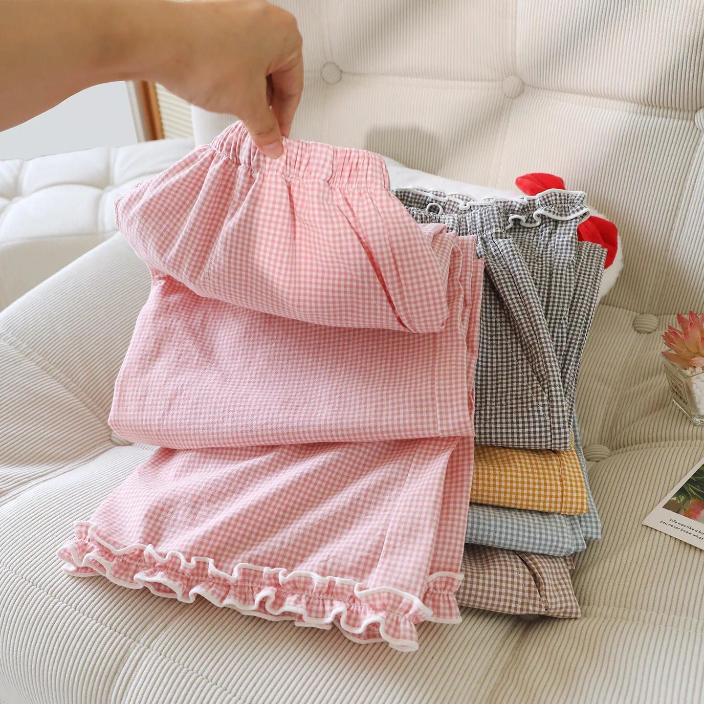 Loose Size Plaid Pajama Pants Elastic Waist Casual Homewear Women Nine-point Trousers