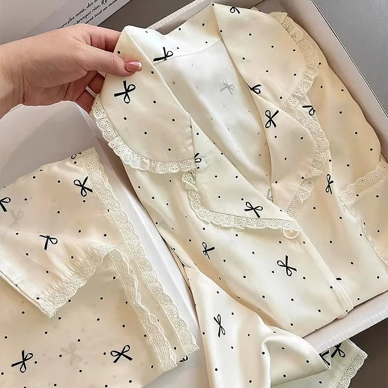 French-Inspired Chic High-Fashion Bow-Adorned Ice-Silk Lace-Trimmed Long-Sleeved Trouser Pajamas