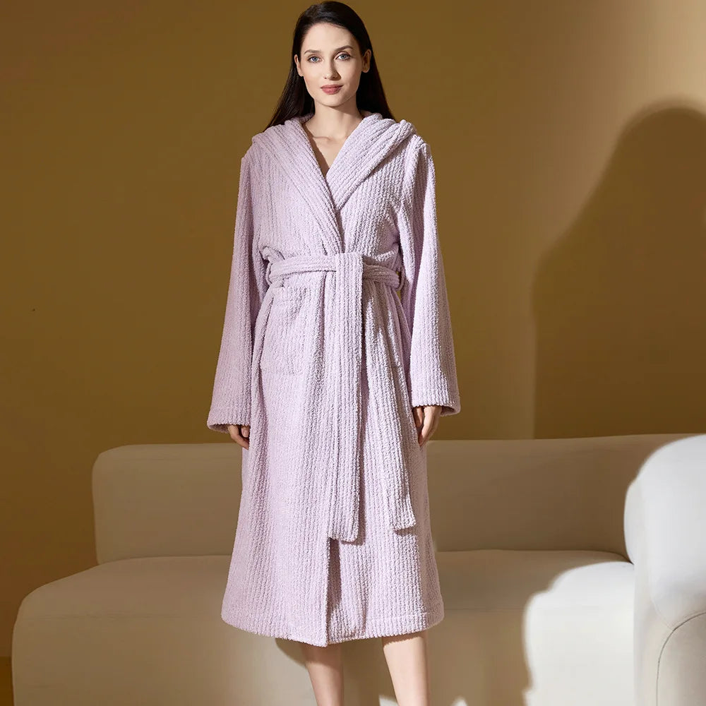 Hooded Robe Thick Coral Fleece Gown with Pocket