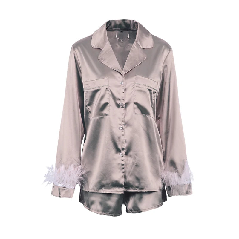 Patchwork Feather Cuffs Solid Color Long Sleeve Button Shirt with Short Pants Loose Loungewear