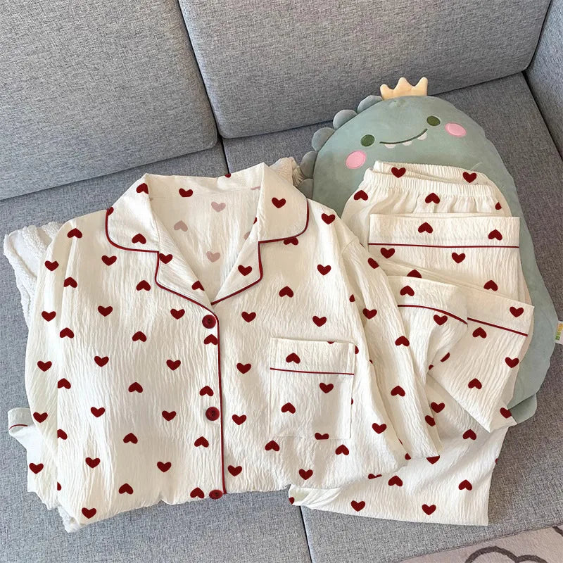 Women's Pajamas Loungewear Girl Love Cardigan Pajamas Crinkled Fabric Loungewear Long Sleeve Set