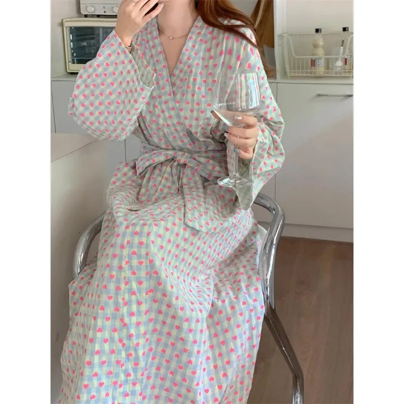 Love Plaid Loose Long-sleeve Kimono V-neck Lace Sexy Robe