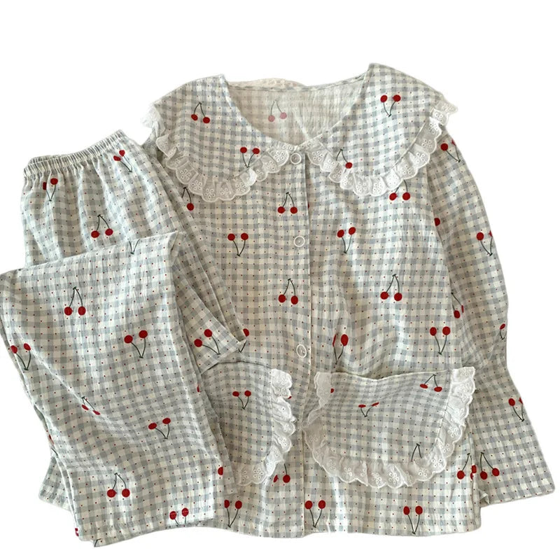 Spring Cloud-Print Cotton-Trimmed Collar Checked Sets