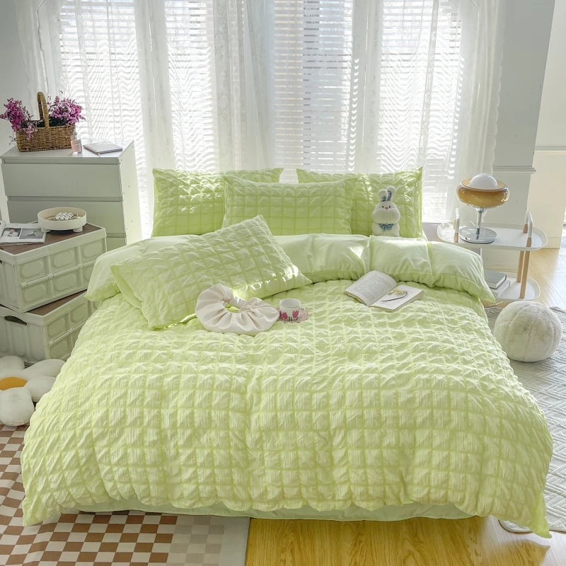 Puffy Check Bubble Fabric Set Duvet Pillowcase Bedding Sheet Quilt Cover Set