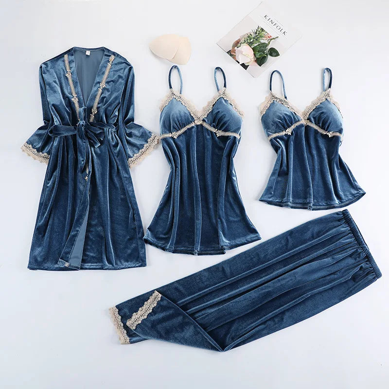 Lace Velvet 4 Pieces Women Warm Pajamas Sets With Pants Sexy Robe Sleepwear Sleeveless Nightwear