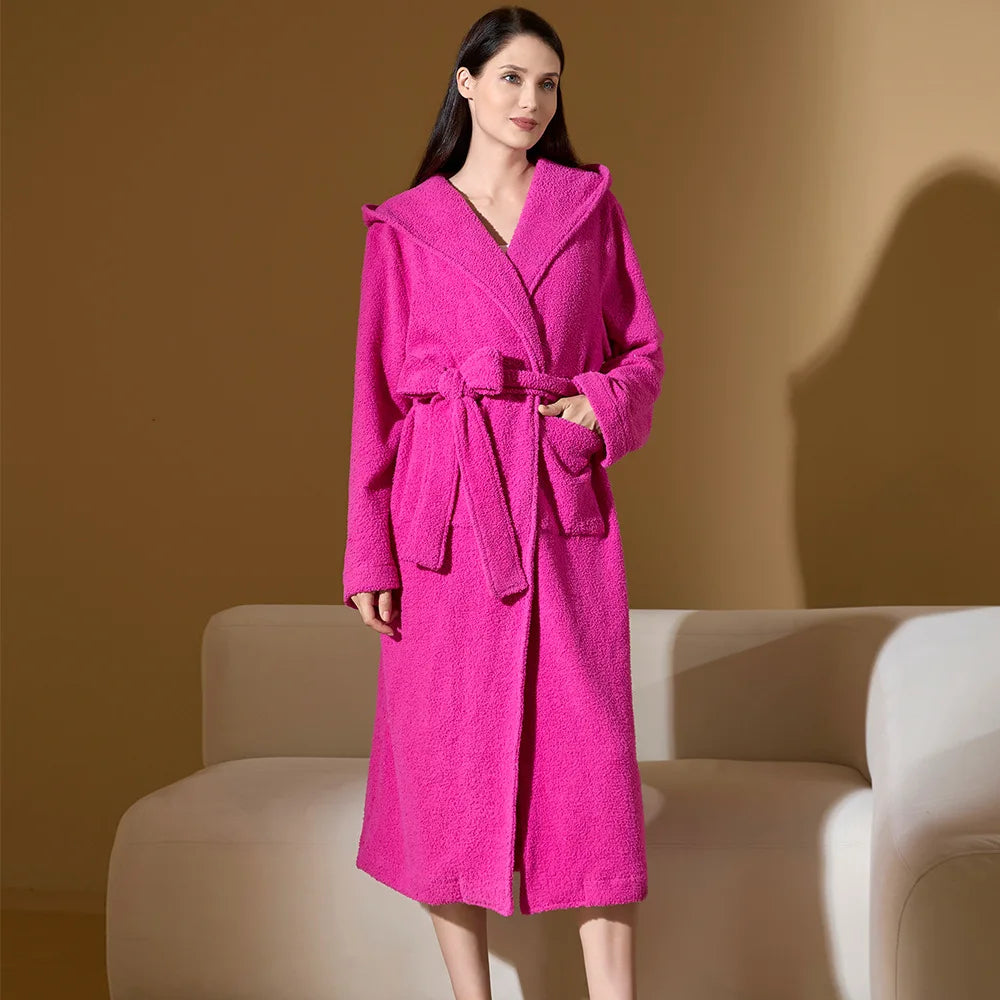 Hooded Robe Thick Coral Fleece Gown with Pocket