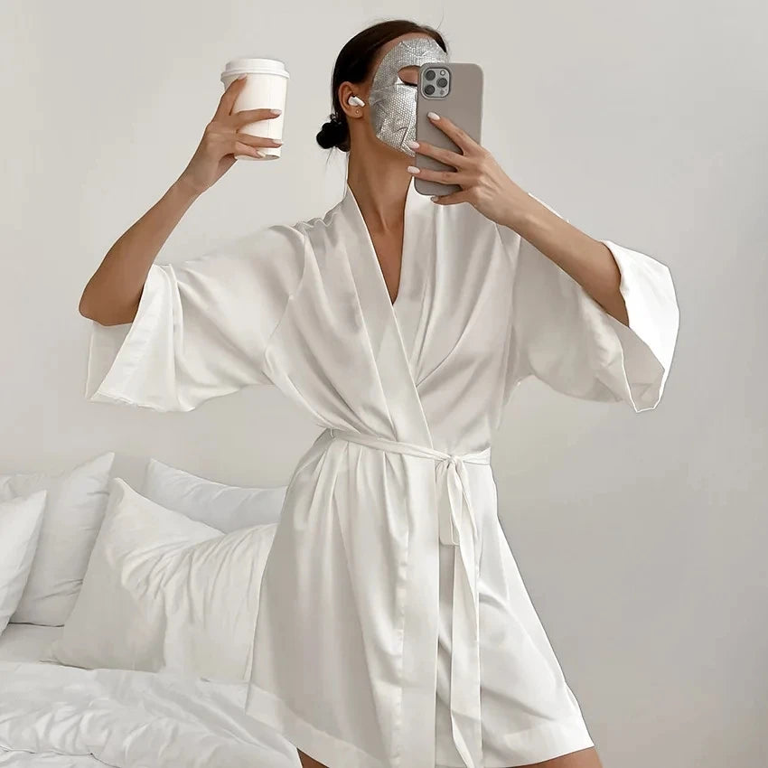 Ladies Bride- style Morning 3/4 Sleeve Loose Female Silk Satin Kimono Lingerie Gown